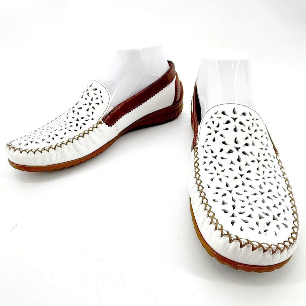 Gabor Comfort Loafers Womens 4.5 UK White Brown Leather Laser Cut Flat